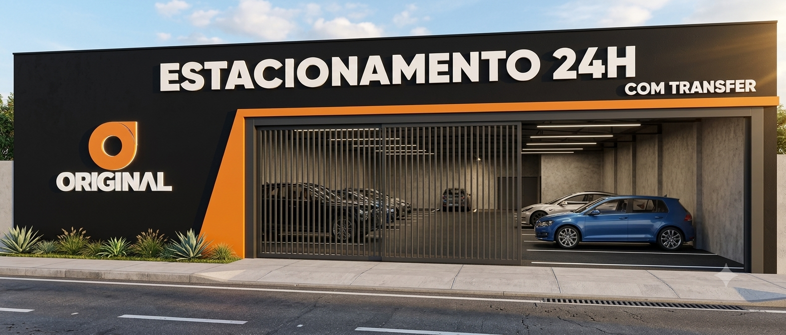 Fachada da Original Estacionamento 24h, com letreiro Estacionamento 24h com transfer e carros estacionados no interior